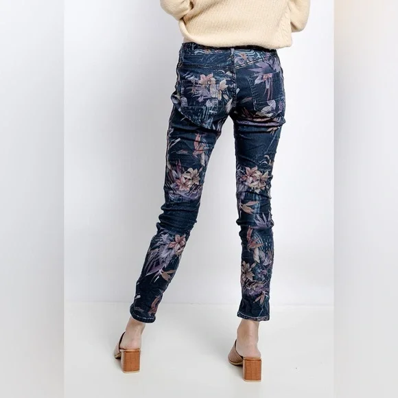 Tempo Paris Blue Floral Reversible Denim Skinny Jeans Cotton Blend Large - Picture 3 of 16